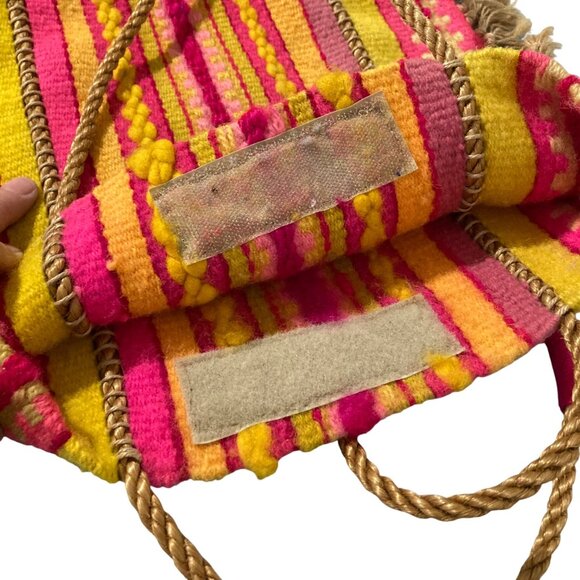 Handwoven Wool Striped Bohemian Tote Bag With Fringe Pink Orange Yellow - Picture 4 of 5